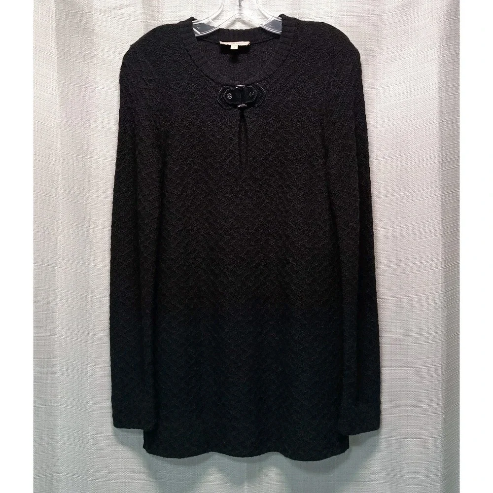 Tory Burch Black Wool Alpaca Blend Leather Buckle Keyhole Long Sweater Women's S